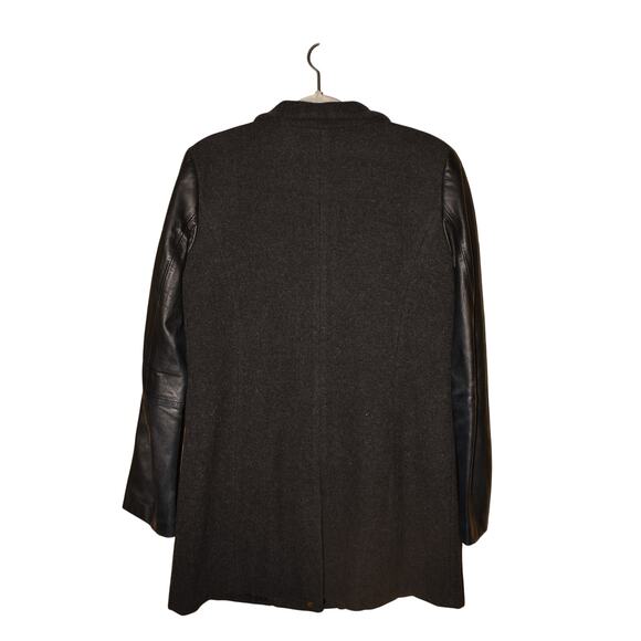 EILEEN FISHER $298 Black‎ Wool Melton Coat Leather Sleeves Zip Front Medium - Picture 3 of 4